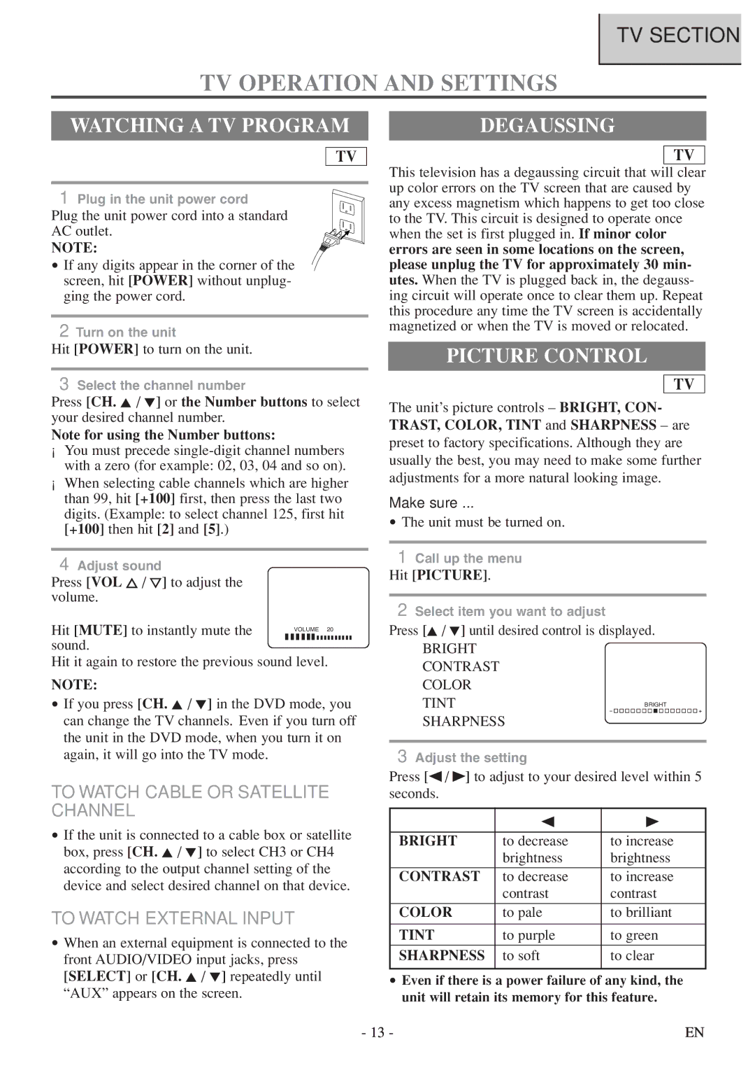 Sylvania 6513DF owner manual TV Operation and Settings, Watching a TV Program, Degaussing, Picture Control 