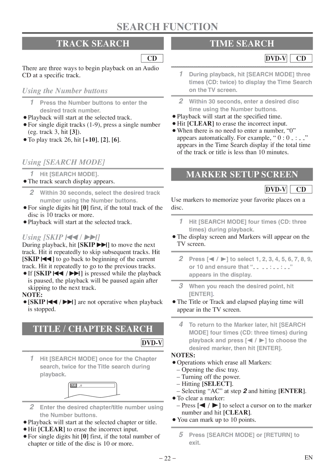 Sylvania 6513DF owner manual Search Function, Track Search Time Search, Title / Chapter Search, Marker Setup Screen 