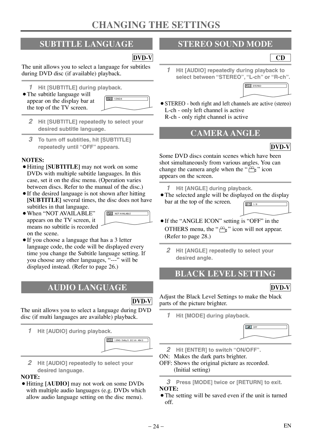 Sylvania 6513DF owner manual Changing the Settings, Subtitle Language Stereo Sound Mode, Camera Angle 