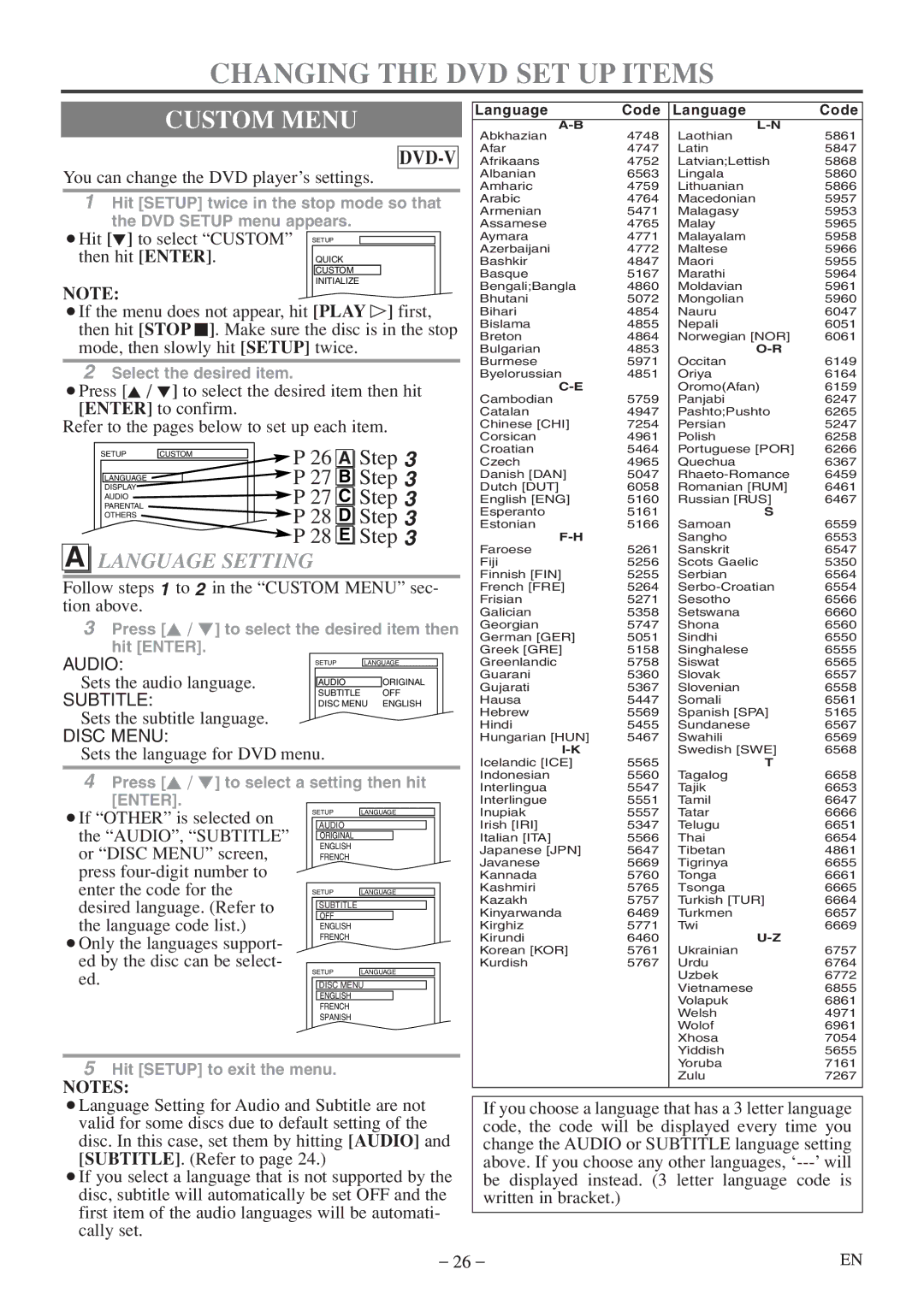 Sylvania 6513DF owner manual Changing the DVD SET UP Items, Custom Menu, Language Setting 