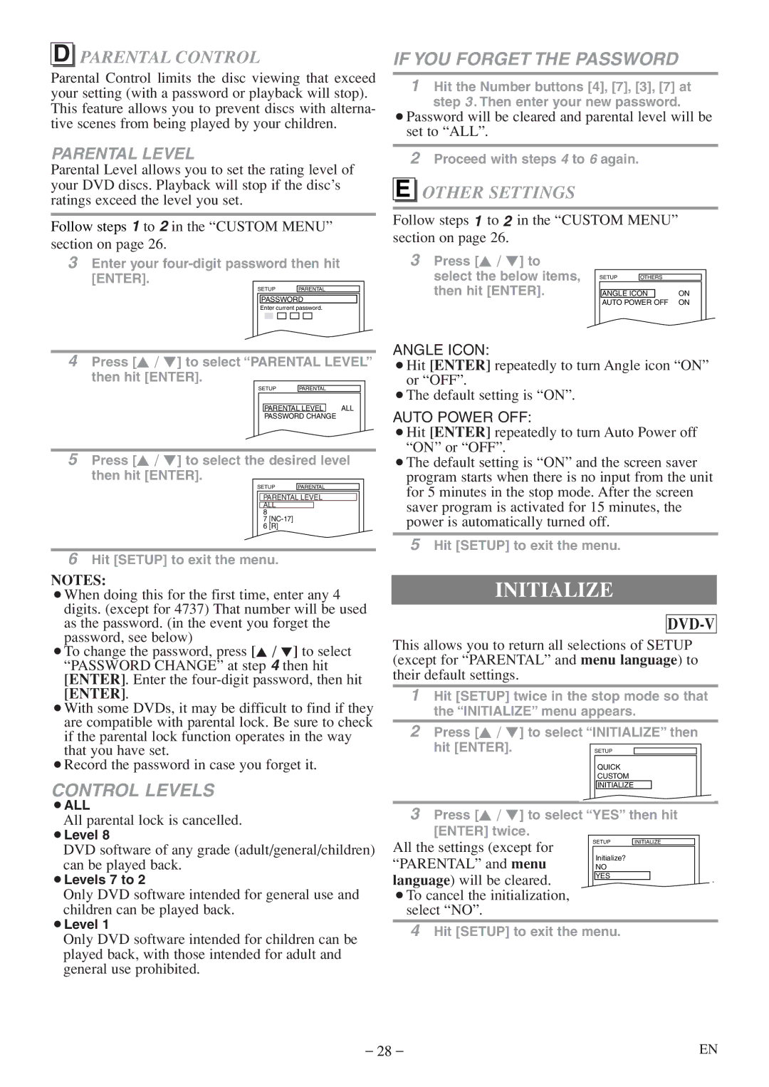 Sylvania 6513DF owner manual Initialize, Parental Control, Other Settings 