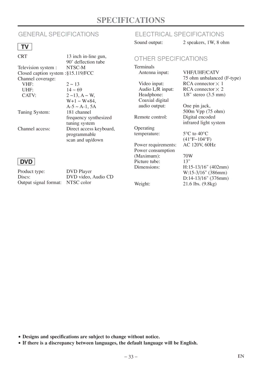 Sylvania 6513DF owner manual General Specifications, Electrical Specifications, Other Specifications 