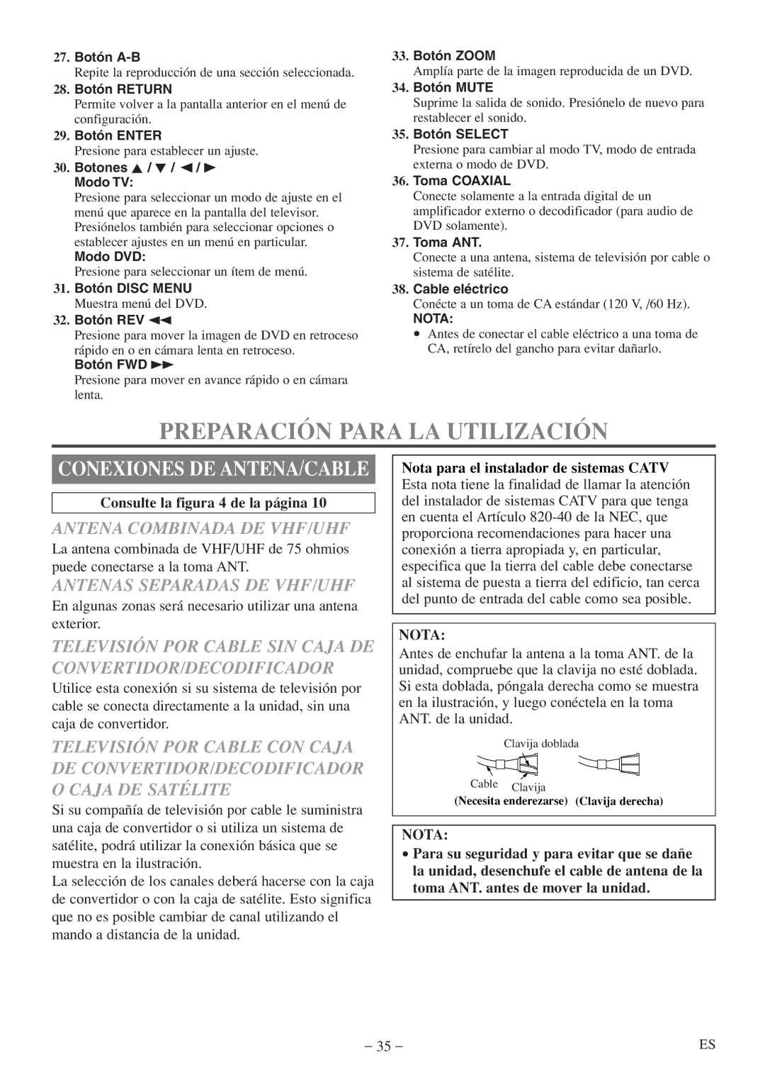 Sylvania 6513DF Preparación Para LA Utilización, Antena Combinada DE VHF/UHF, Antenas Separadas DE VHF/UHF, Nota 