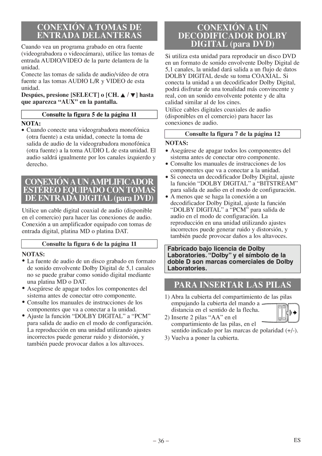 Sylvania 6513DF Conexión a UN Decodificador Dolby, Para Insertar LAS Pilas, Consulte la figura 6 de la página, Notas 