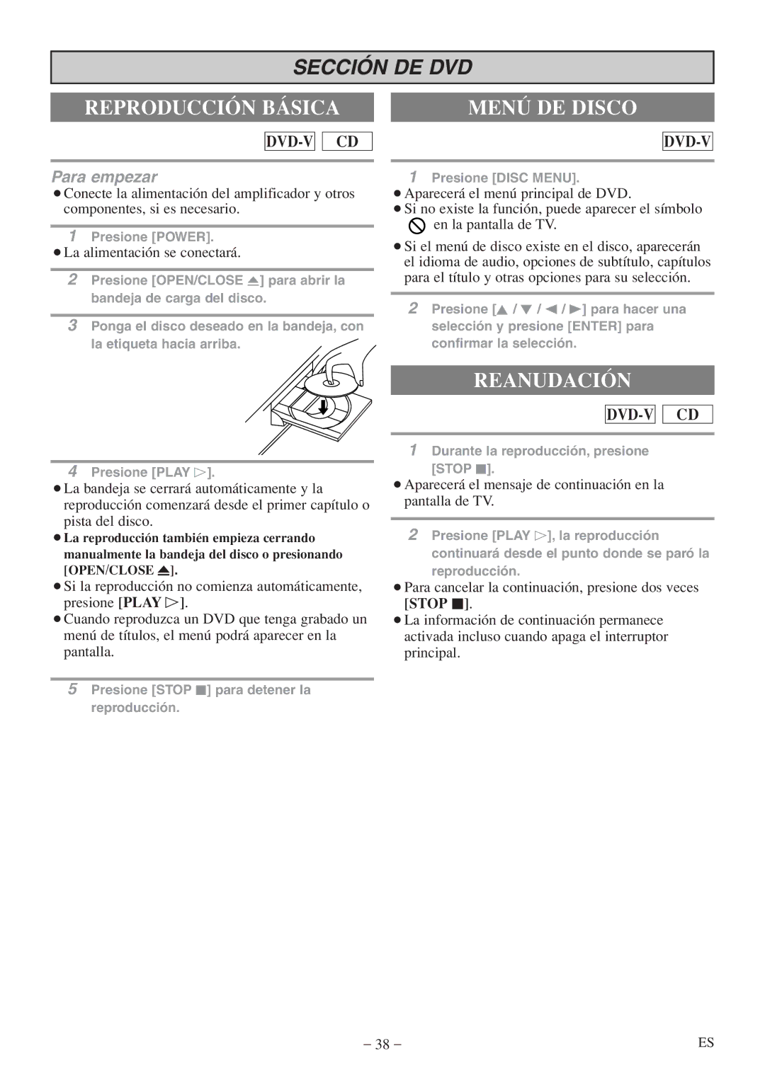 Sylvania 6513DF owner manual Reproducción Básica, Menú DE Disco, Reanudación, ¡La alimentación se conectará 