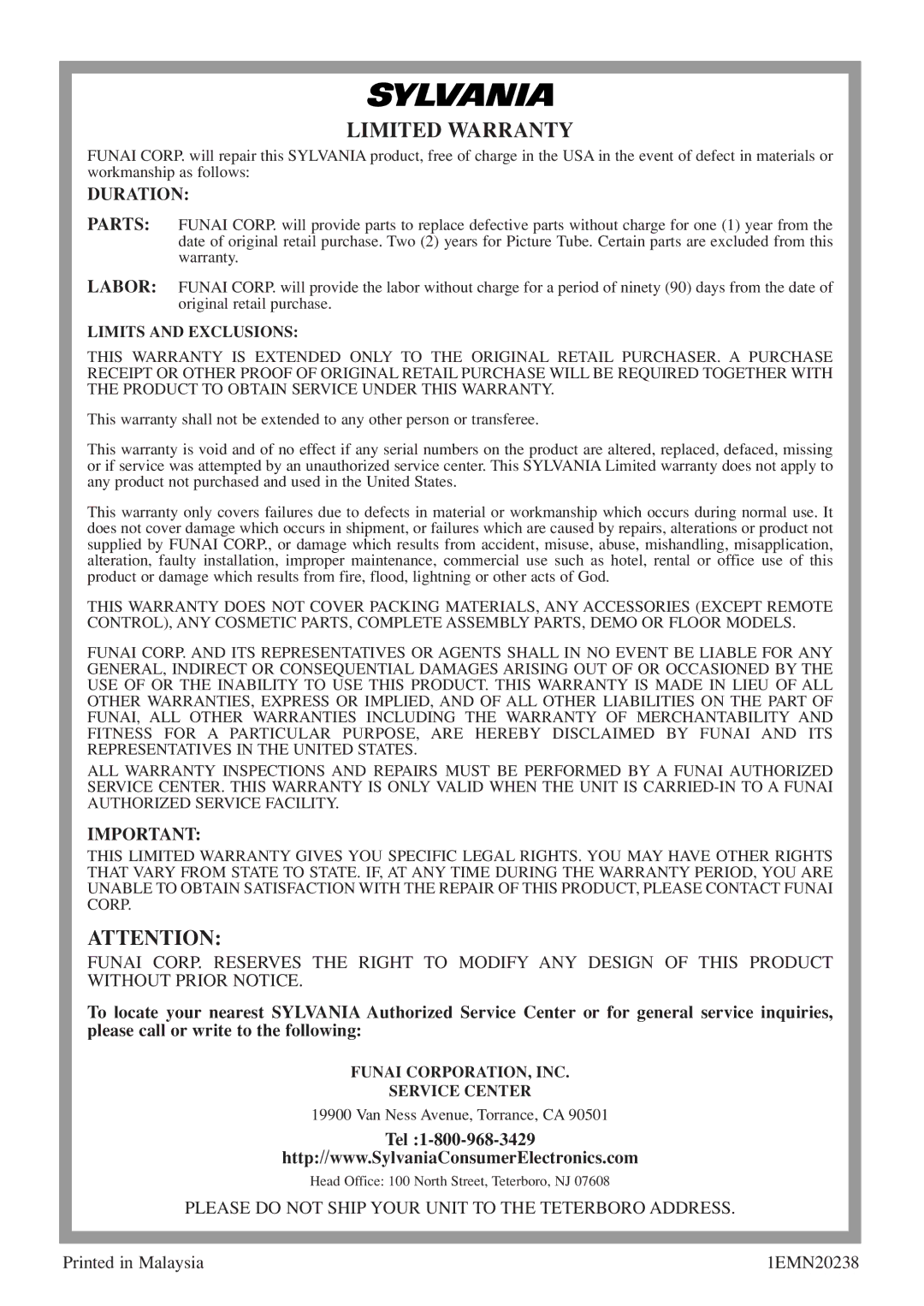 Sylvania 6513DF owner manual Duration, Tel, 1EMN20238 