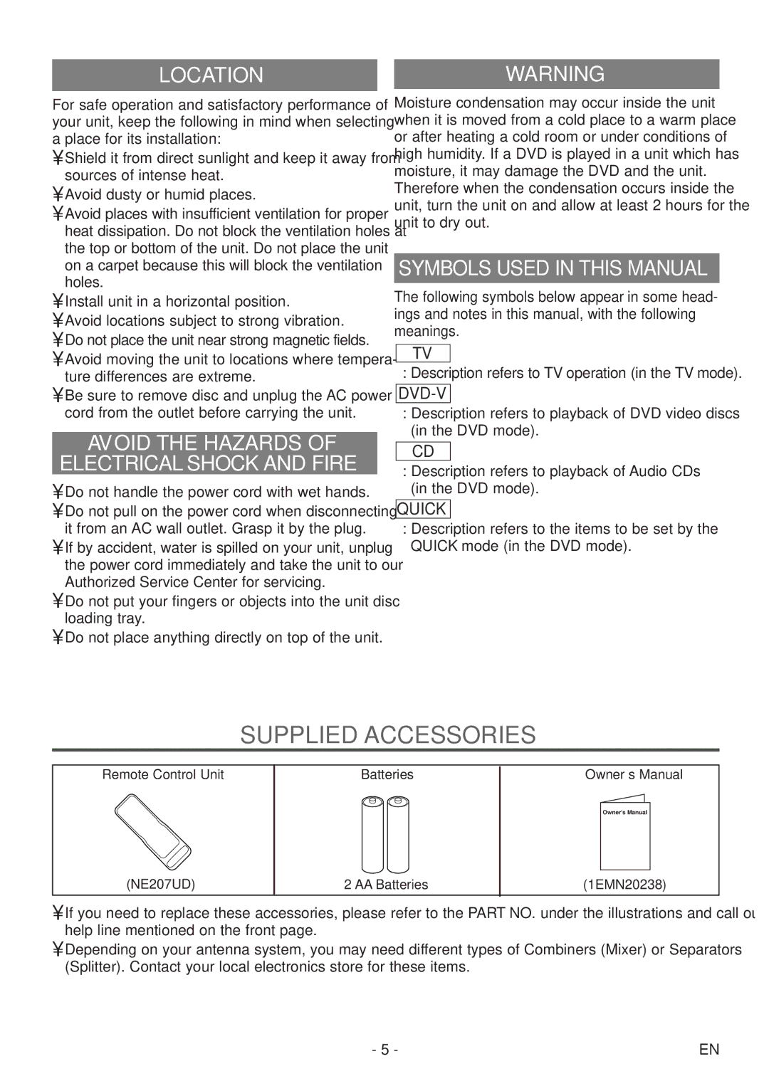 Sylvania 6513DF owner manual Supplied Accessories, Locationwarning, Avoid the Hazards Electrical Shock and Fire 