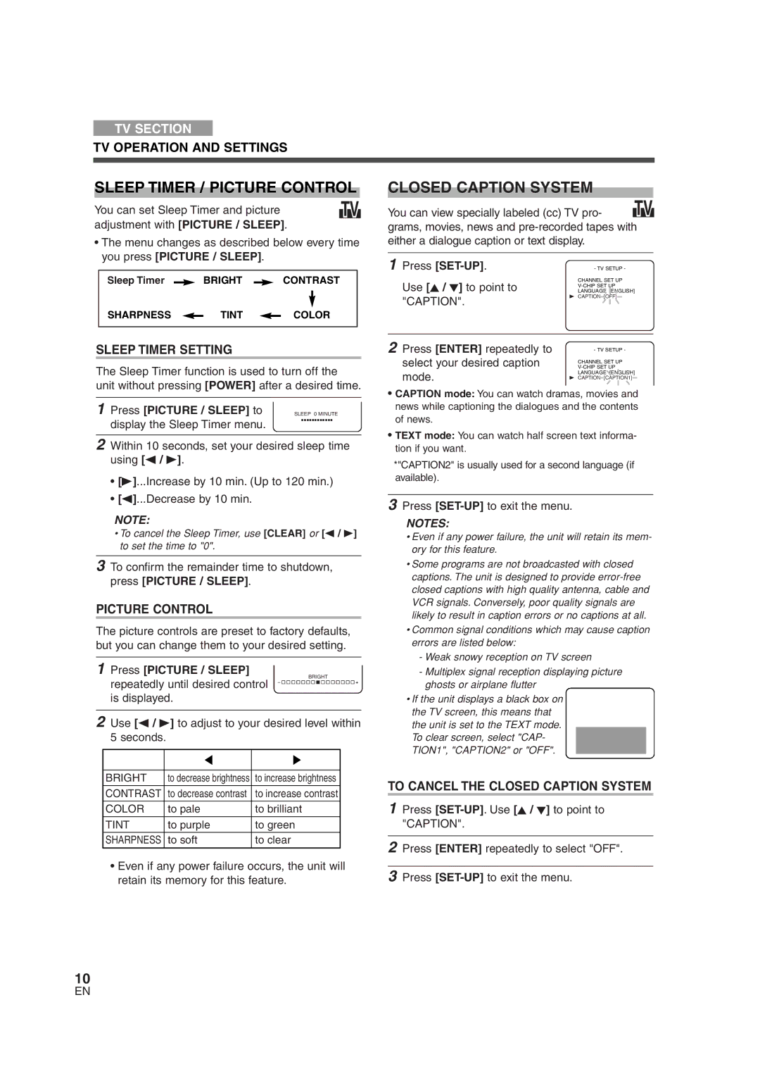 Sylvania 6513DG owner manual Sleep Timer / Picture Control, Closed Caption System 