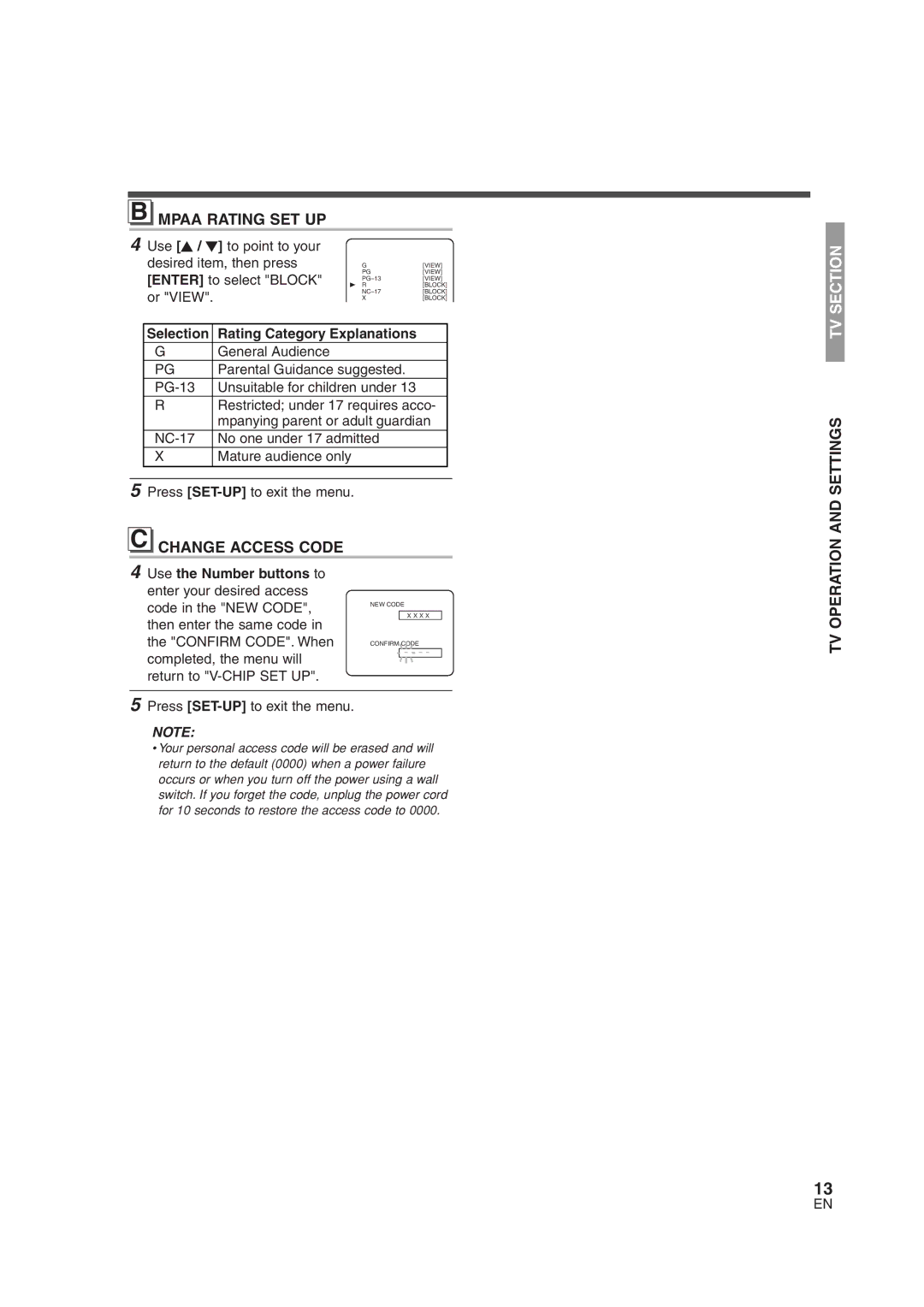 Sylvania 6513DG owner manual Mpaa Rating SET UP, Change Access Code, Selection Rating Category 