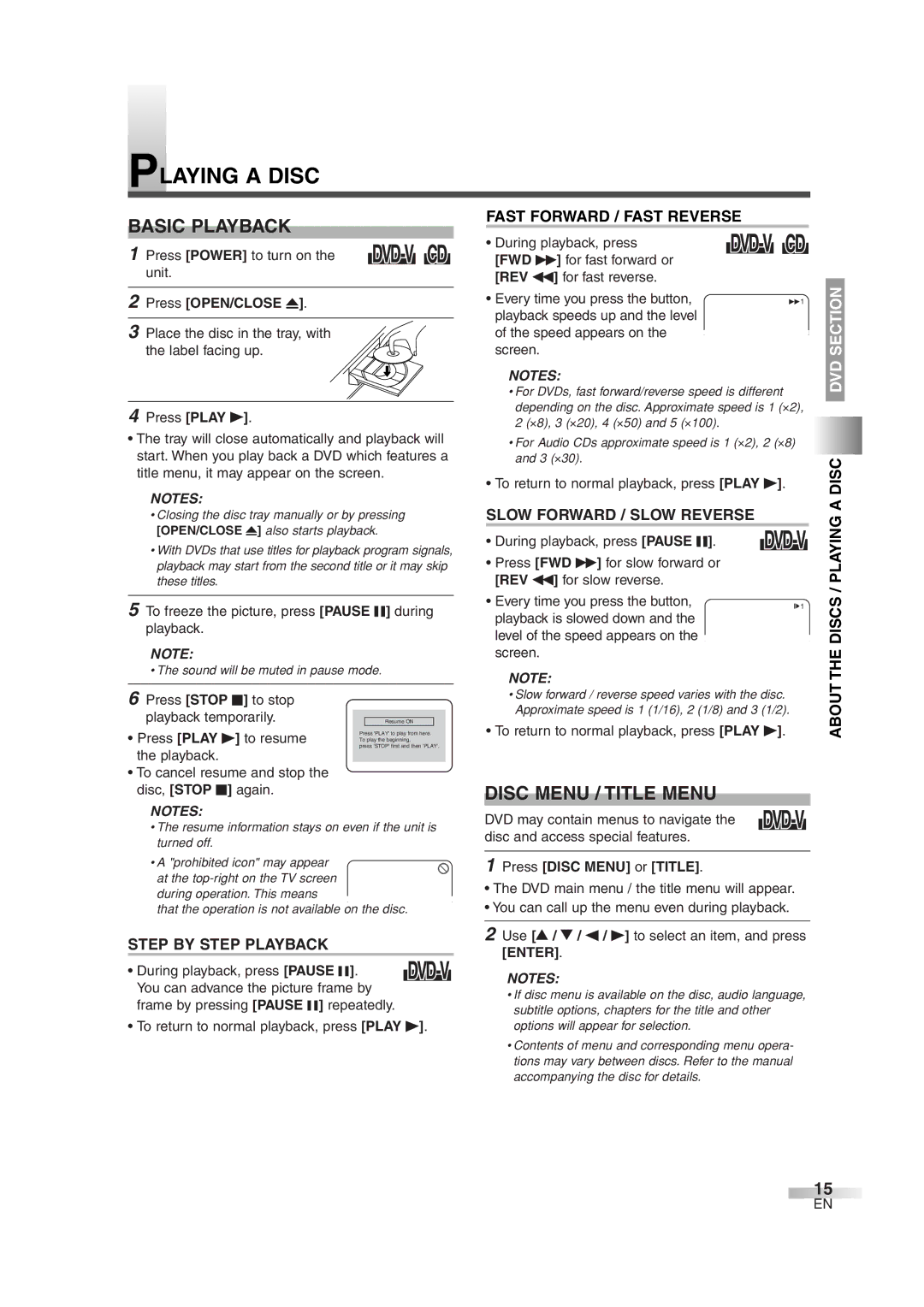 Sylvania 6513DG owner manual Playing a Disc, Basic Playback, Disc Menu / Title Menu 