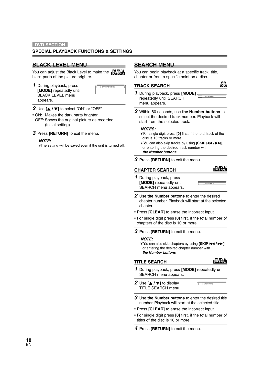 Sylvania 6513DG owner manual Black Level Menu, Search Menu 