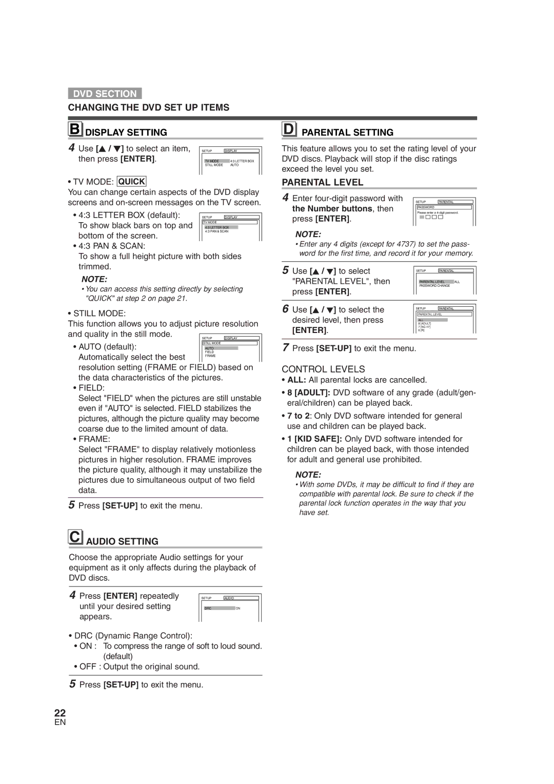 Sylvania 6513DG owner manual Changing the DVD SET UP Items Display Setting, Parental Setting, Parental Level, Audio Setting 