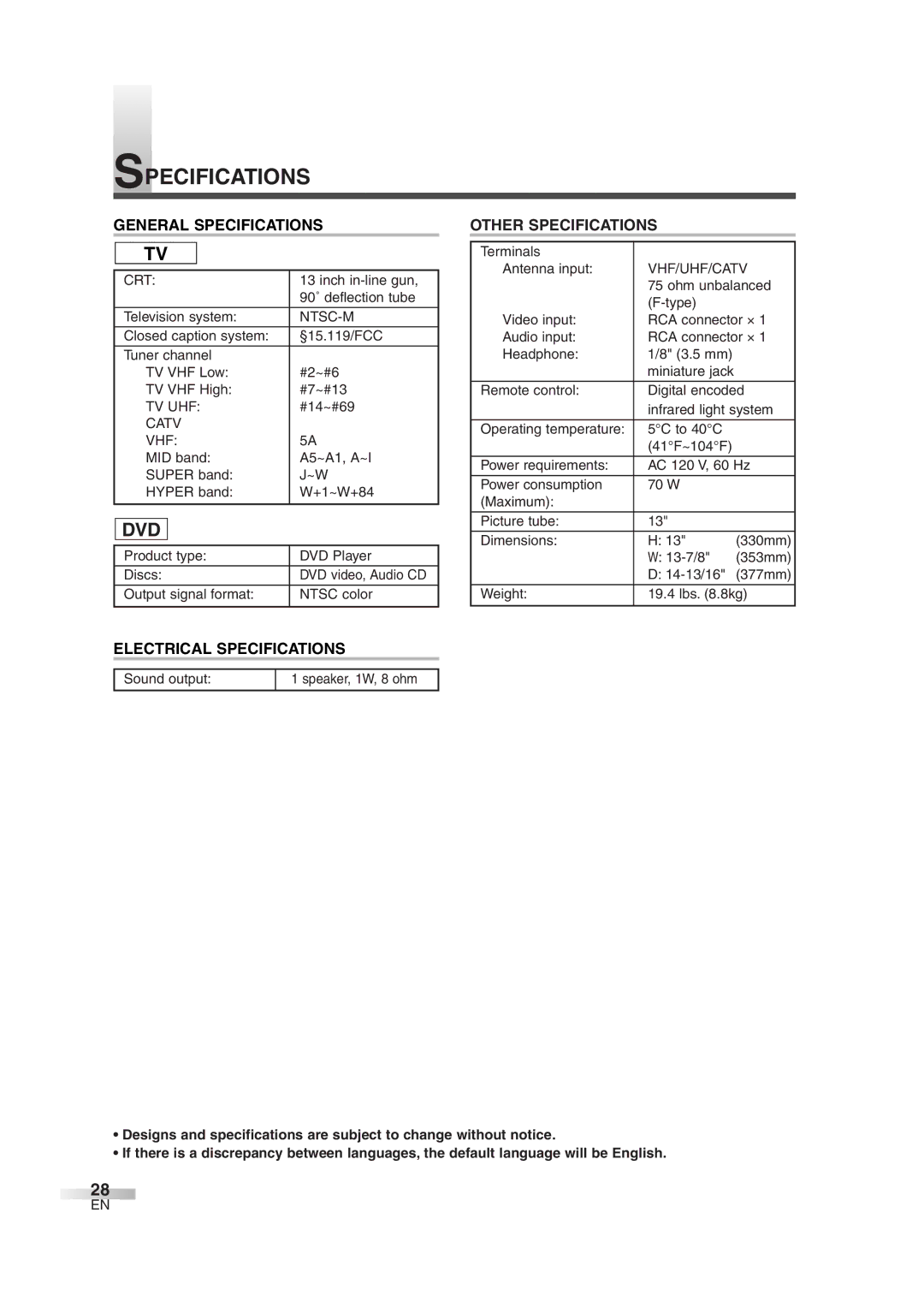 Sylvania 6513DG owner manual Dvd, General Specifications, Other Specifications, Electrical Specifications 