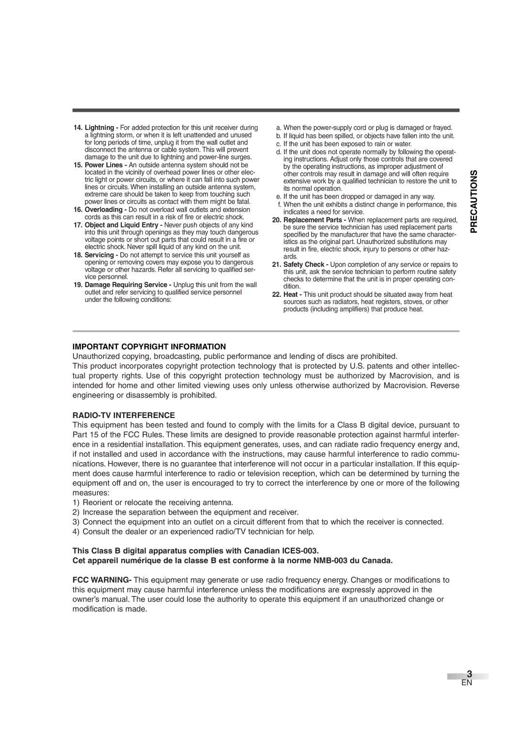 Sylvania 6513DG owner manual Precautions, Important Copyright Information, RADIO-TV Interference 