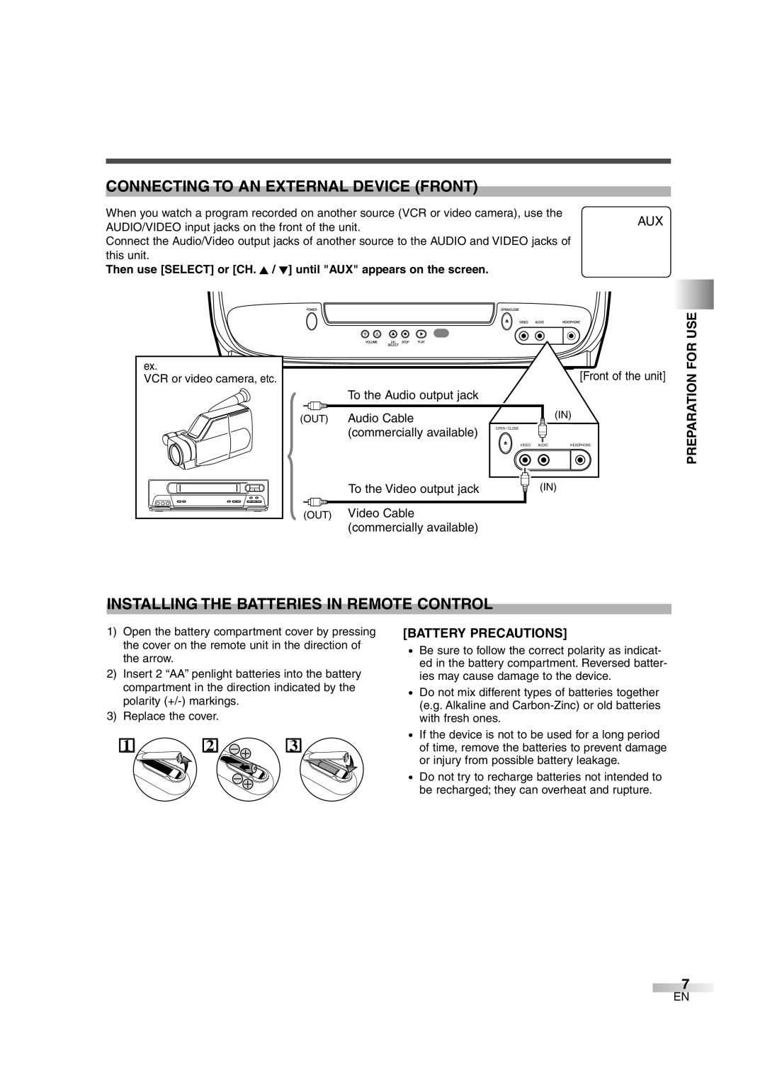 Sylvania 6513DG owner manual Connecting to AN External Device Front, Installing the Batteries in Remote Control, For USE 