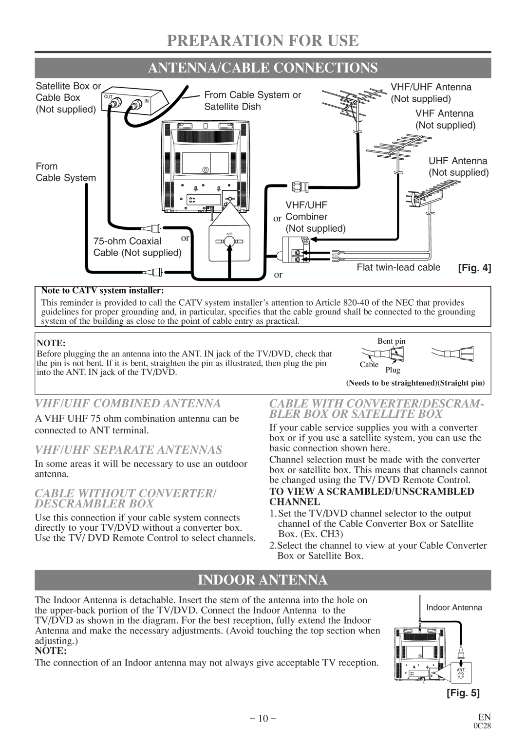 Sylvania 6513VD owner manual Preparation for USE, ANTENNA/CABLE Connections, Indoor Antenna 