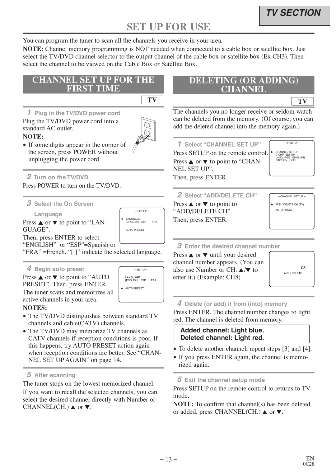Sylvania 6513VD owner manual SET UP for USE, Channel SET UP for First Time, Deleting or Adding Channel, Add/Delete Ch 