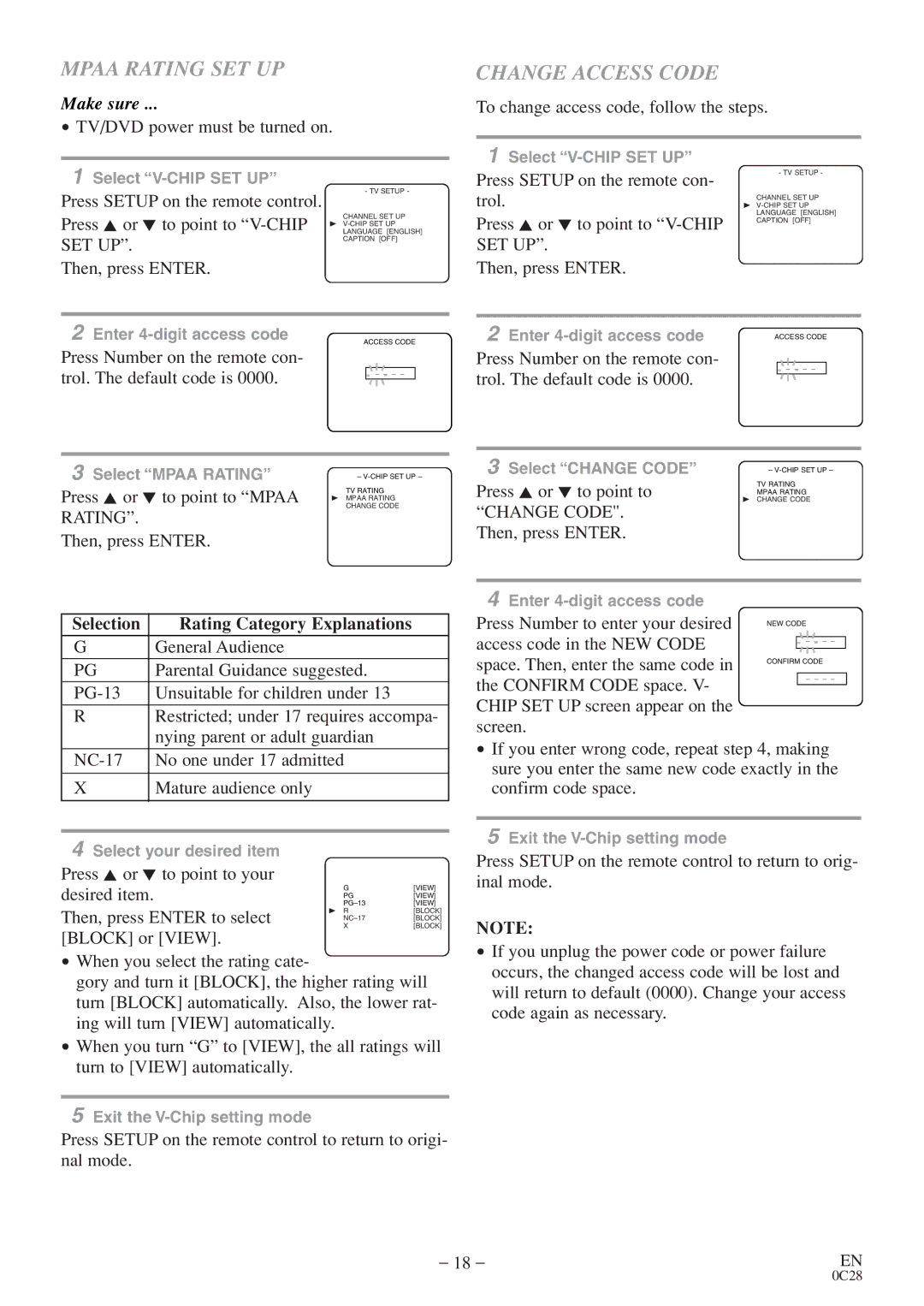 Sylvania 6513VD owner manual Mpaa Rating SET UP, Change Access Code 