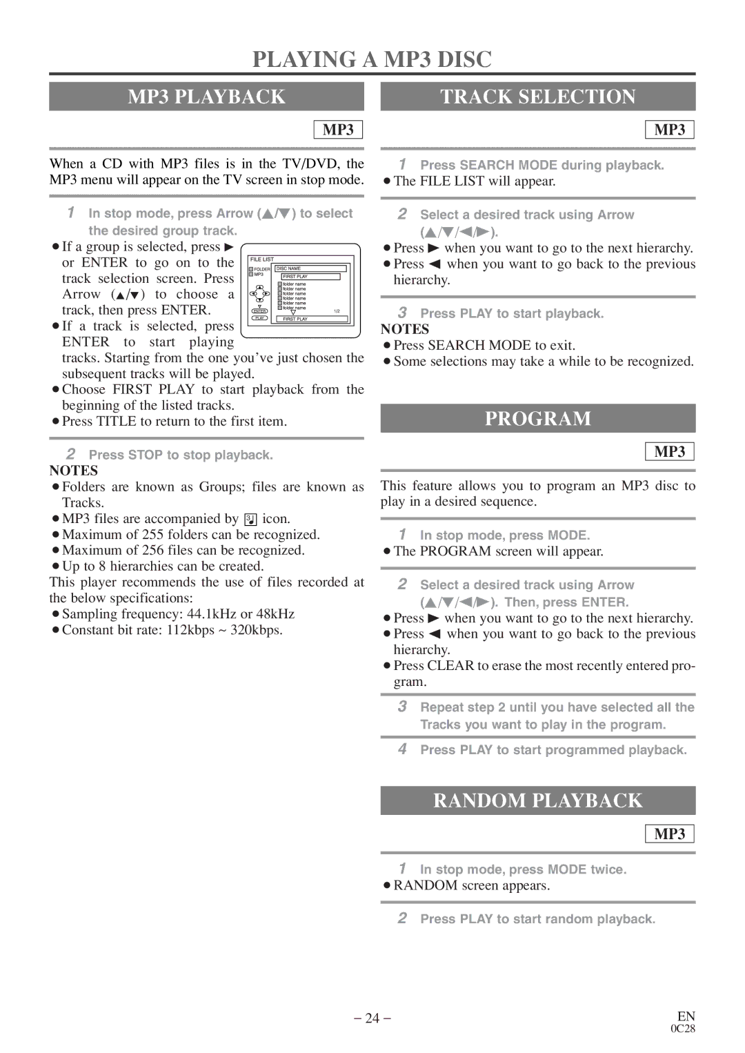 Sylvania 6513VD owner manual Playing a MP3 Disc, MP3 Playback, Track Selection, Program, ¡The File List will appear 