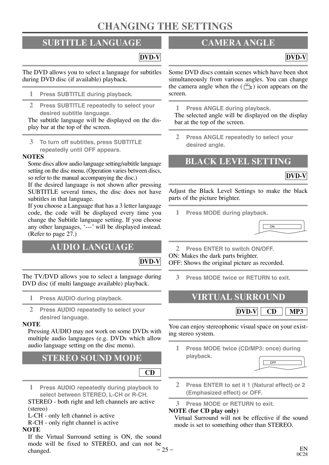 Sylvania 6513VD owner manual Changing the Settings 