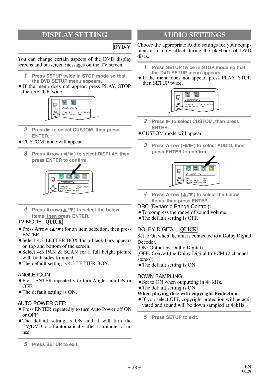 Sylvania 6513VD owner manual Display Setting, Audio Settings, ¡Press Arrow K/L for an item selection, then press, Enter 