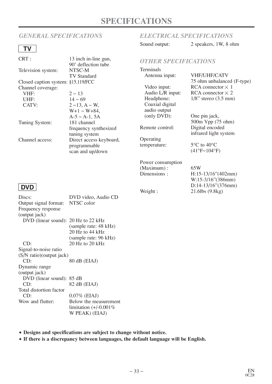 Sylvania 6513VD owner manual General Specifications, Electrical Specifications, Other Specifications 