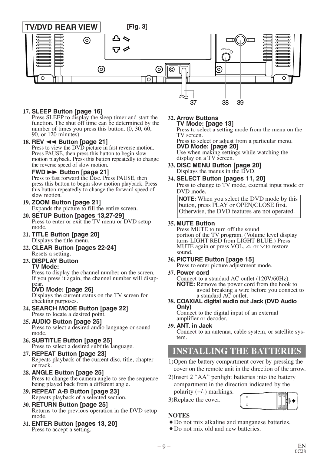 Sylvania 6513VD owner manual Installing the Batteries 