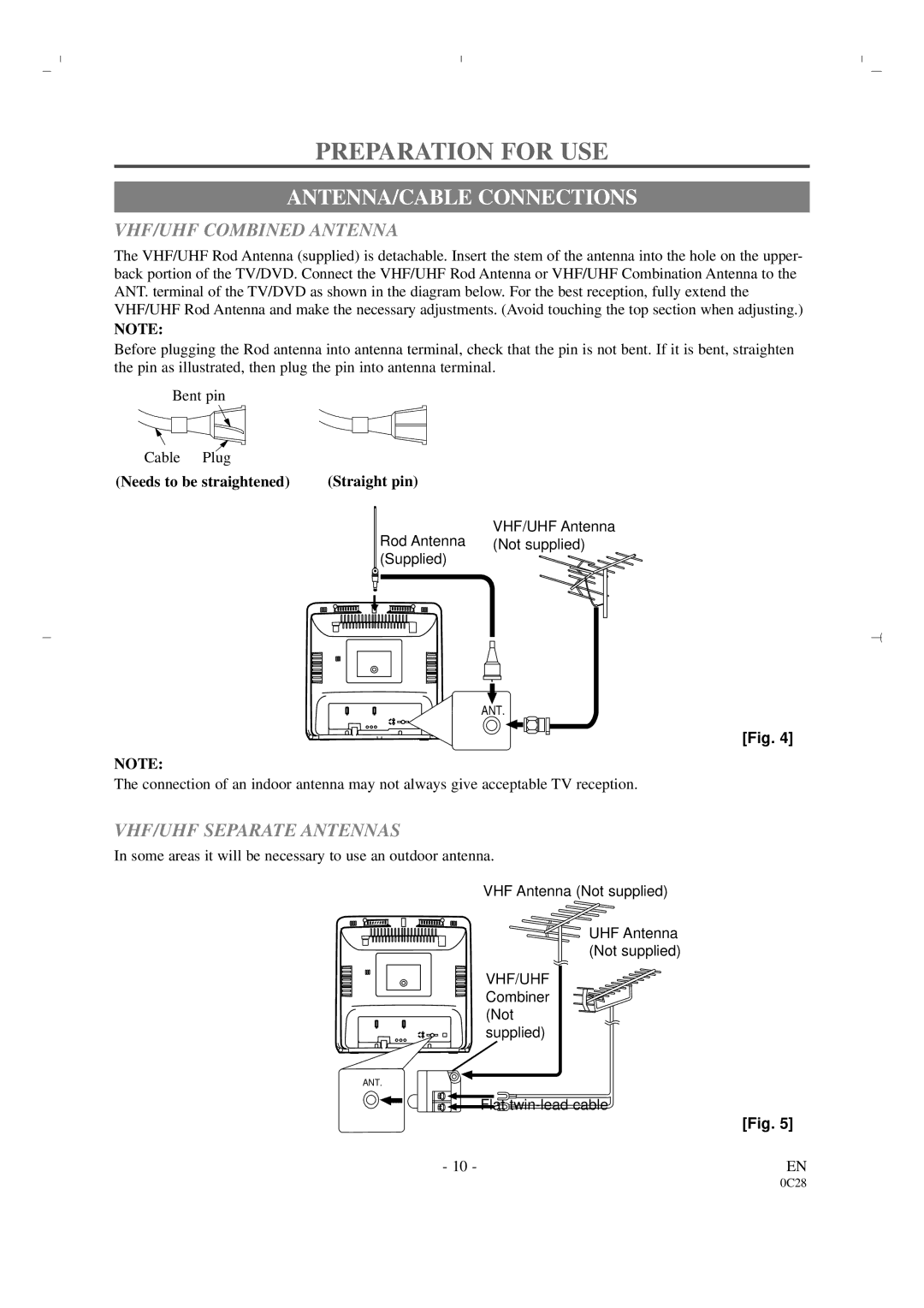 Sylvania 6519DA Preparation for USE, ANTENNA/CABLE Connections, VHF/UHF Combined Antenna, VHF/UHF Separate Antennas 