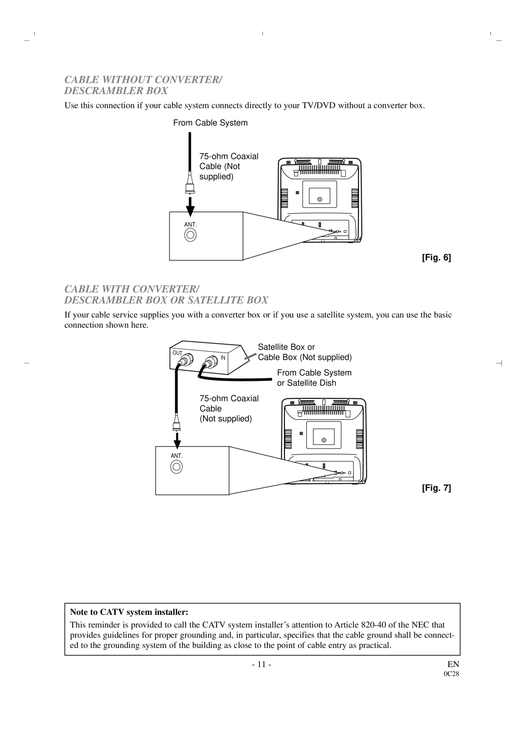 Sylvania 6519DA owner manual Cable Without Converter Descrambler BOX, Cable with Converter Descrambler BOX or Satellite BOX 