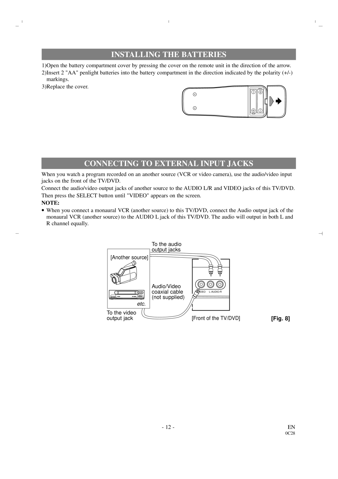 Sylvania 6519DA owner manual Installing the Batteries, Connecting to External Input Jacks 