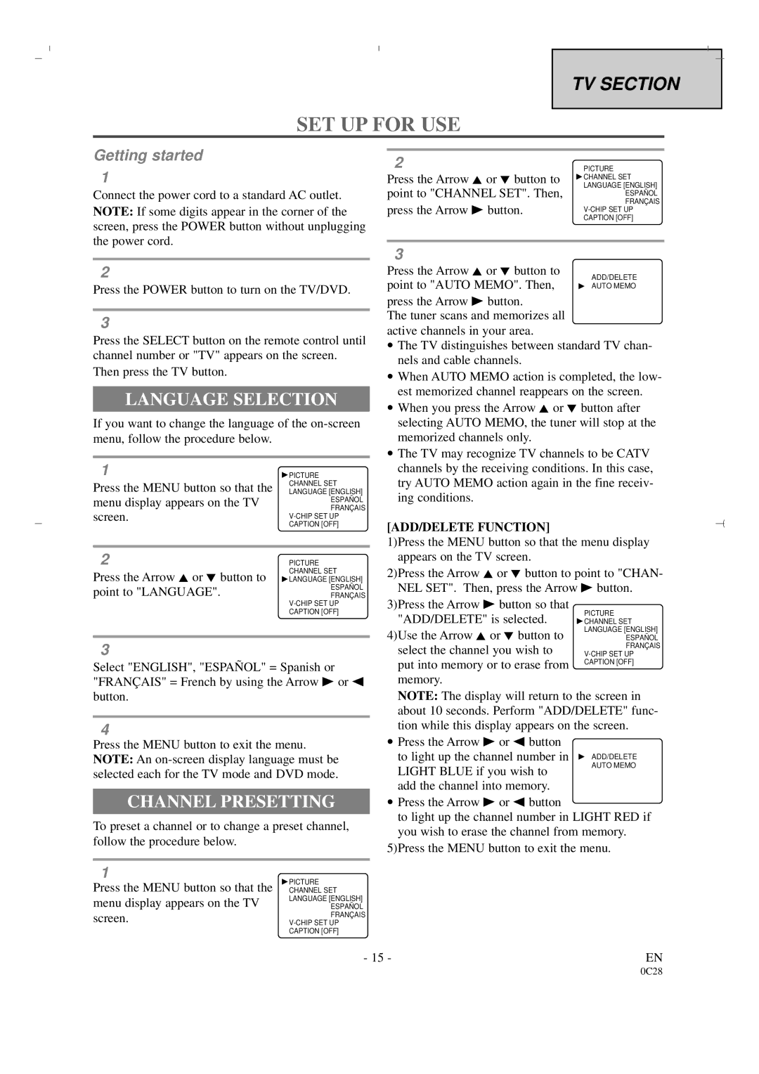 Sylvania 6519DA owner manual SET UP for USE, Language Selection, Channel Presetting, ADD/DELETE Function 