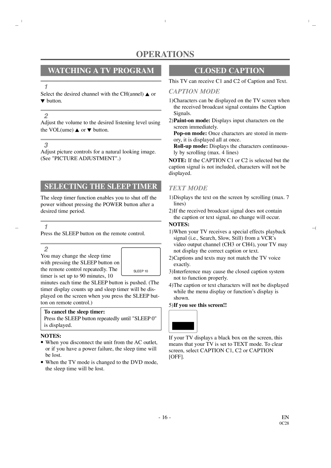 Sylvania 6519DA owner manual Operations, Watching a TV Program, Closed Caption, Selecting the Sleep Timer 