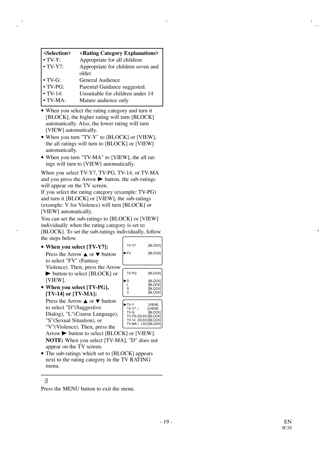 Sylvania 6519DA owner manual When you select TV-Y7, When you select TV-PG, TV-14 or TV-MA 