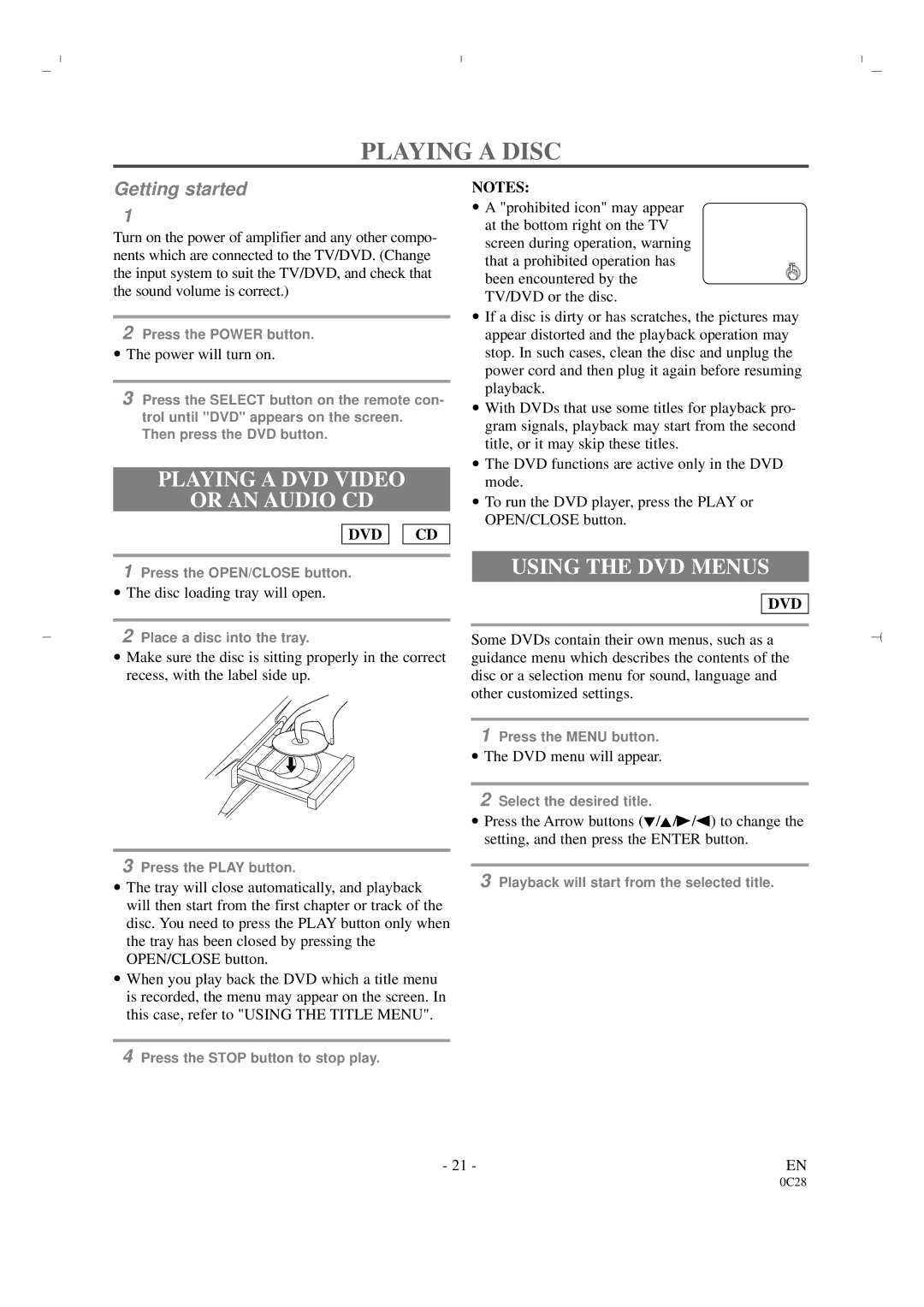 Sylvania 6519DA owner manual Playing a Disc, Playing a DVD Video Or AN Audio CD, Using the DVD Menus, Dvd Cd 