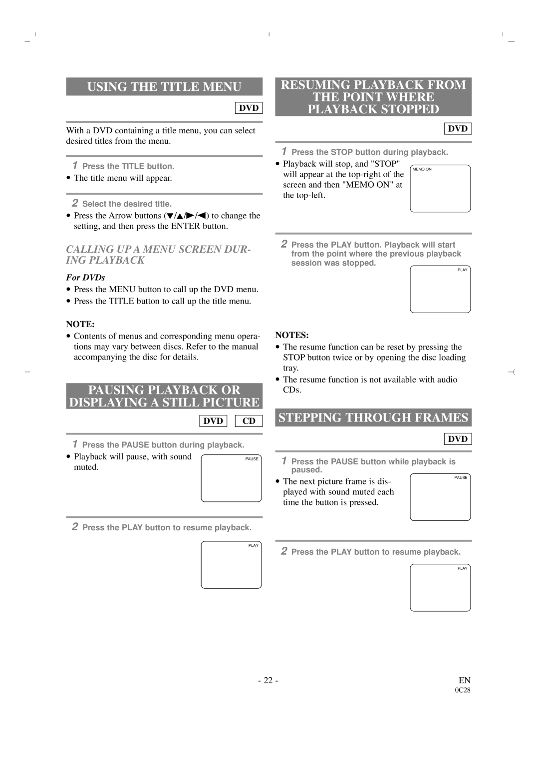 Sylvania 6519DA owner manual Using the Title Menu, Pausing Playback or Displaying a Still Picture, Stepping Through Frames 