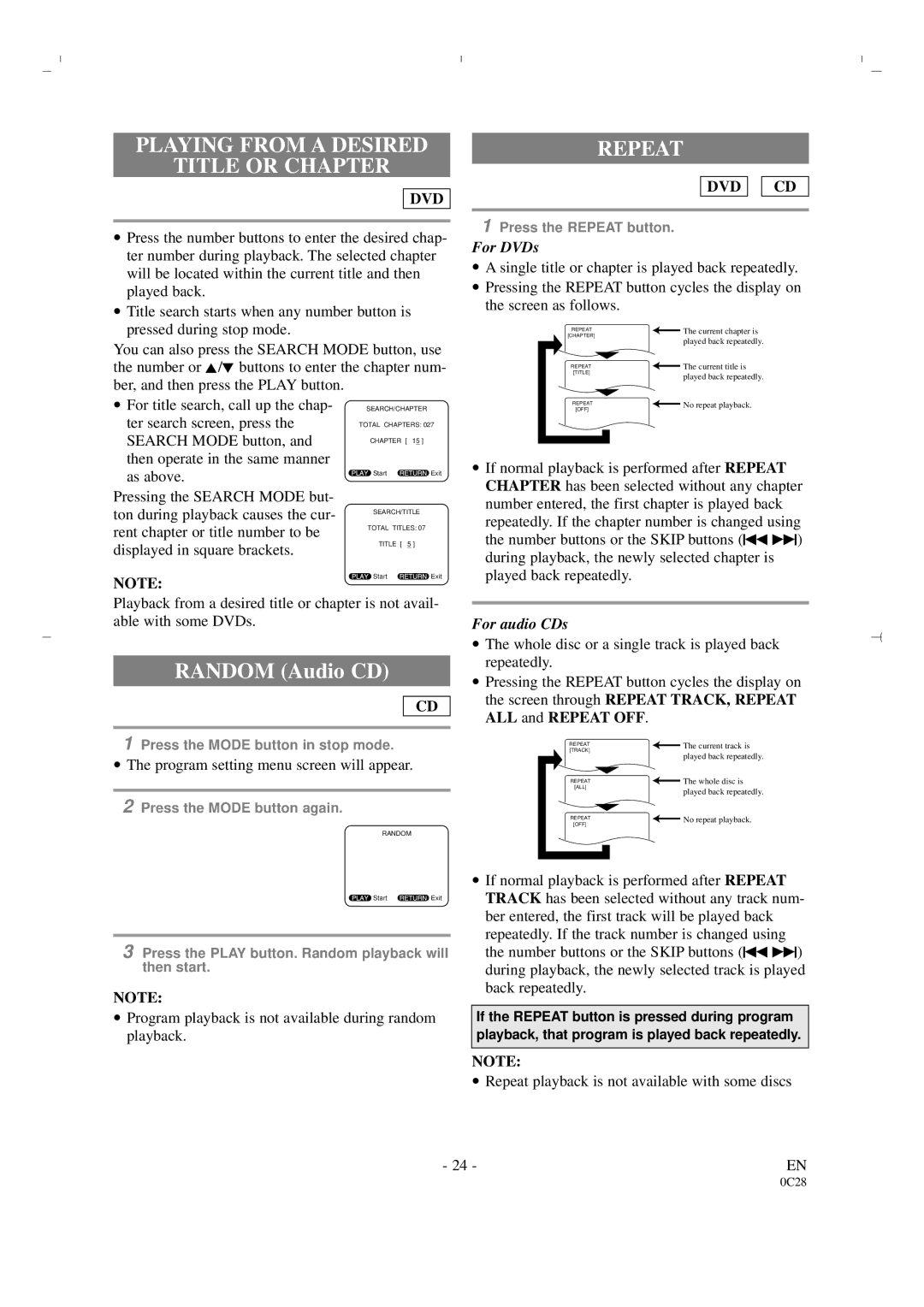 Sylvania 6519DA owner manual Playing from a Desired Title or Chapter, Repeat, Program setting menu screen will appear 