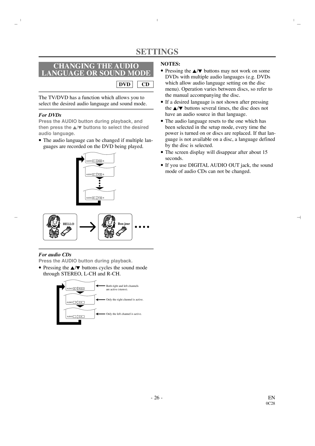 Sylvania 6519DA owner manual Settings, Changing the Audio Language or Sound Mode 