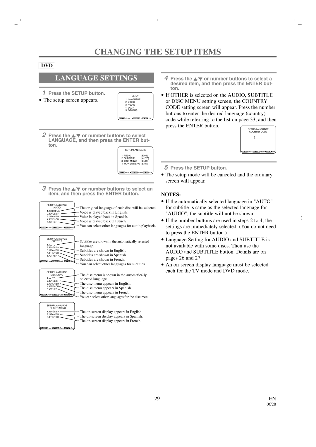 Sylvania 6519DA owner manual Changing the Setup Items, Language Settings, Setup screen appears 