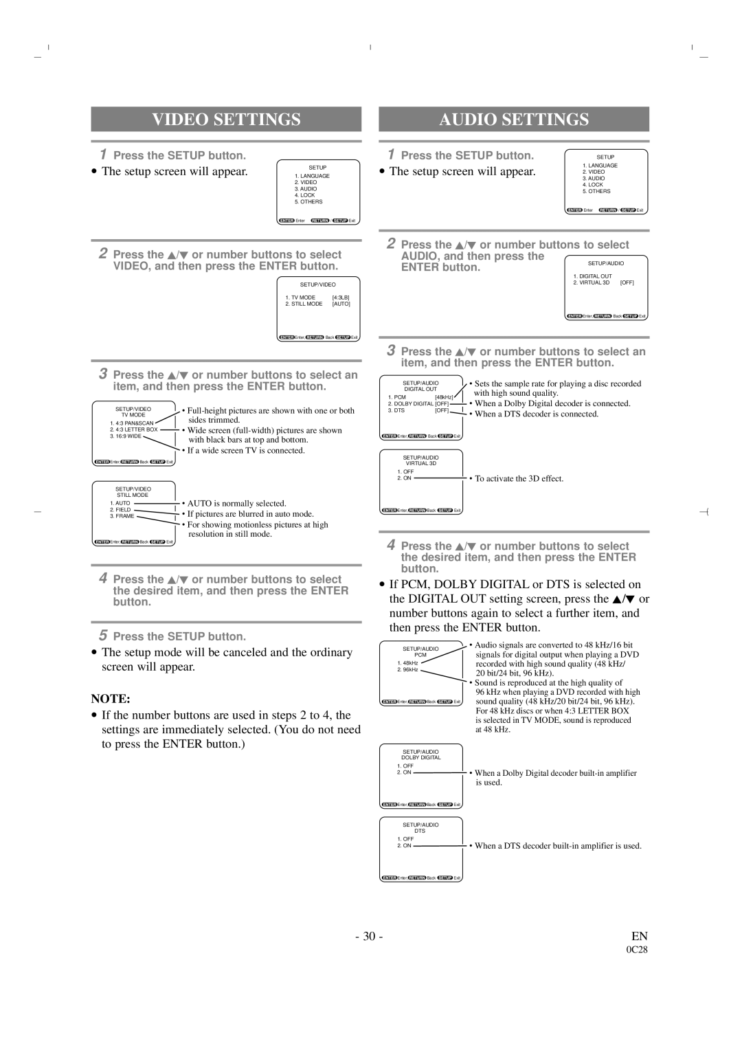 Sylvania 6519DA owner manual Video Settings, Audio Settings 