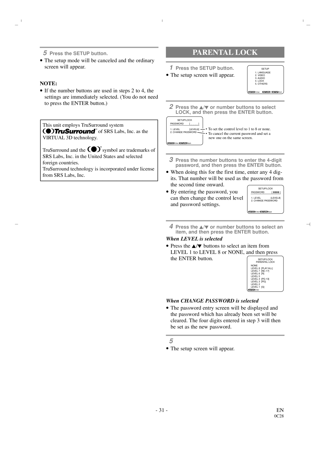 Sylvania 6519DA owner manual Parental Lock, Can then change the control level, Password settings 