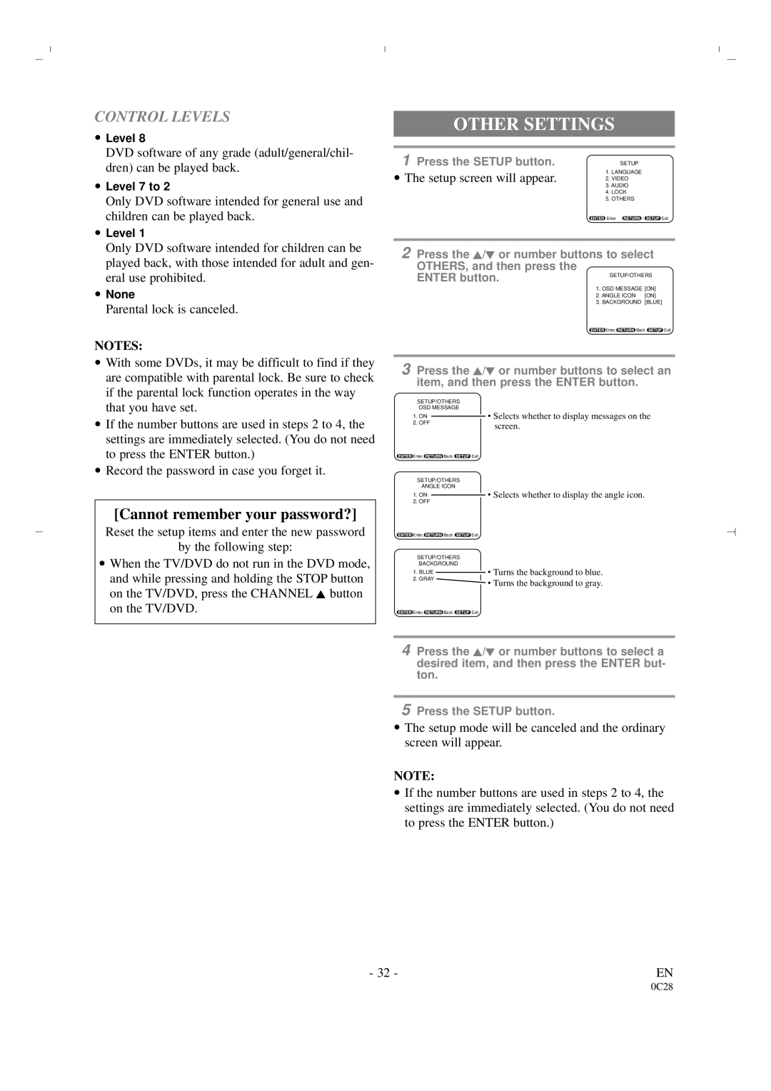 Sylvania 6519DA owner manual Other Settings, Control Levels 