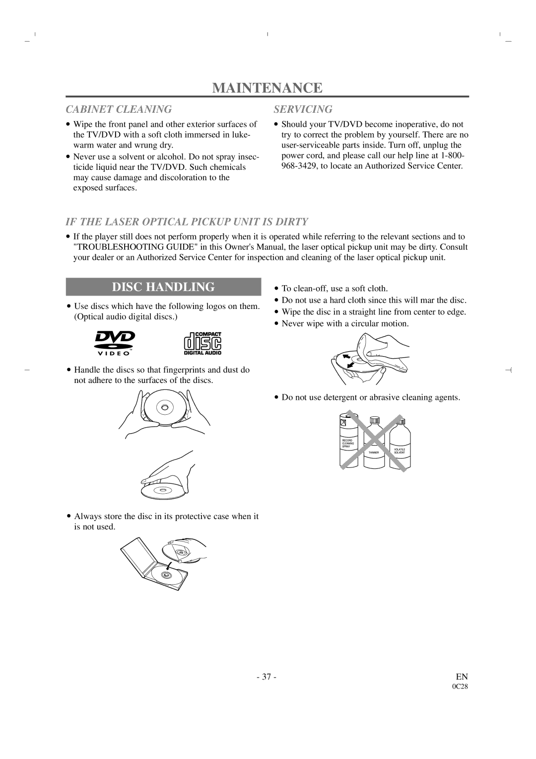 Sylvania 6519DA Maintenance, Disc Handling, Cabinet Cleaning, Servicing, If the Laser Optical Pickup Unit is Dirty 