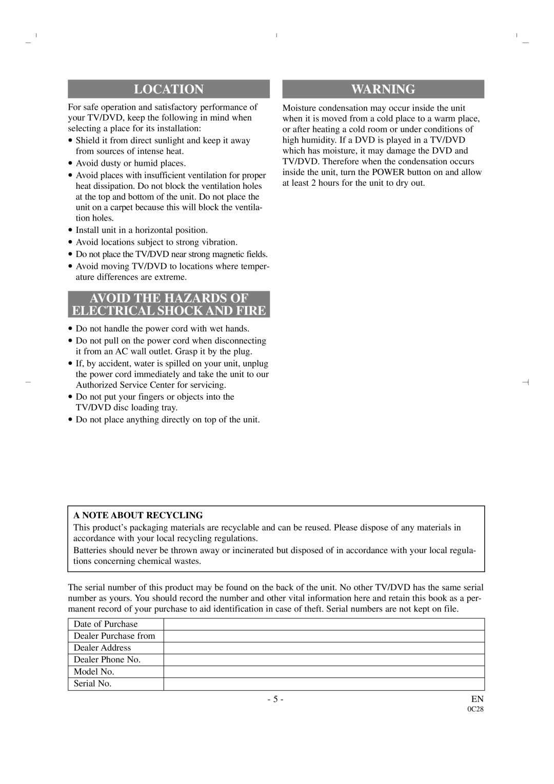 Sylvania 6519DA owner manual Location, Avoid the Hazards Electrical Shock and Fire 