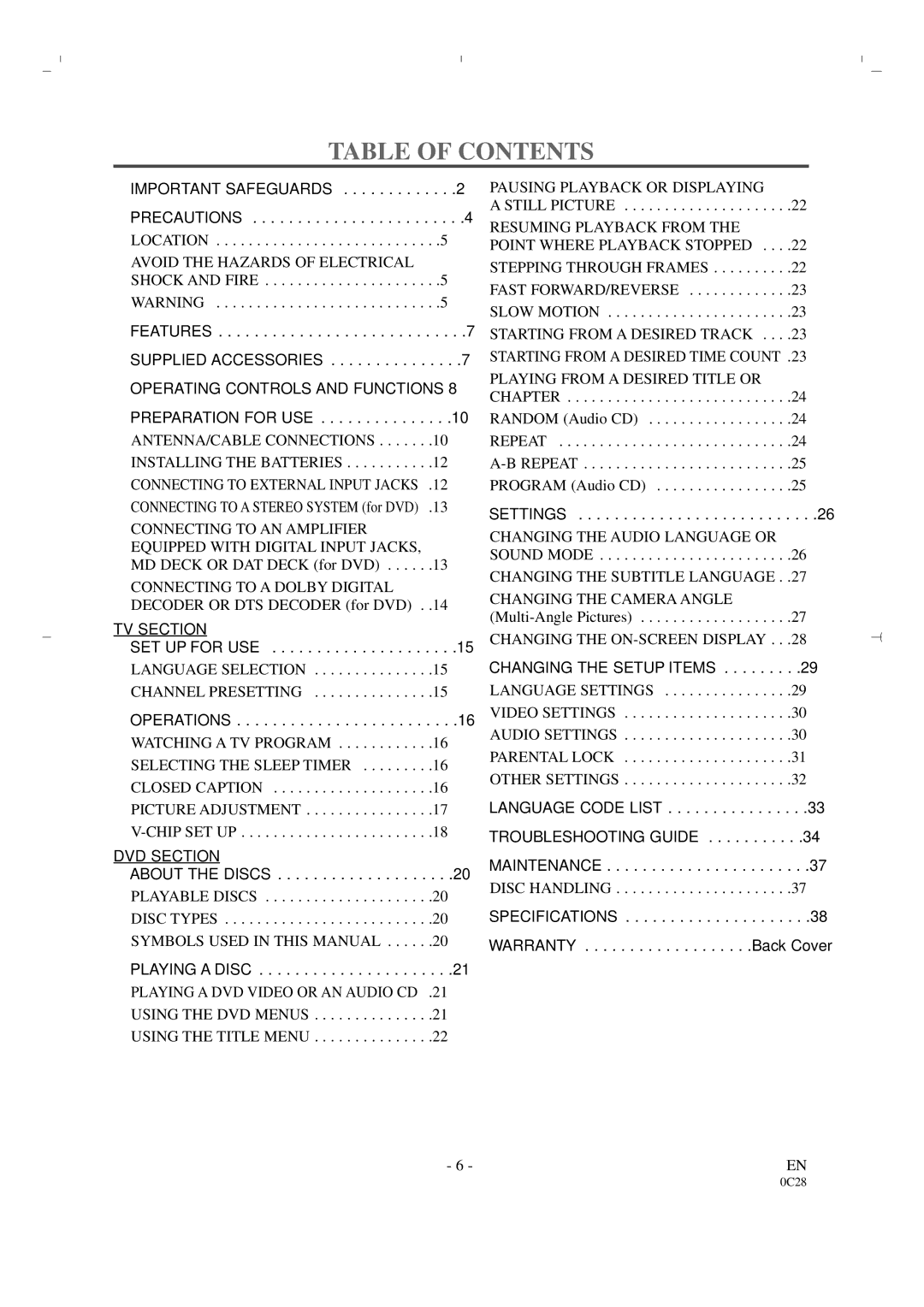 Sylvania 6519DA owner manual Table of Contents 