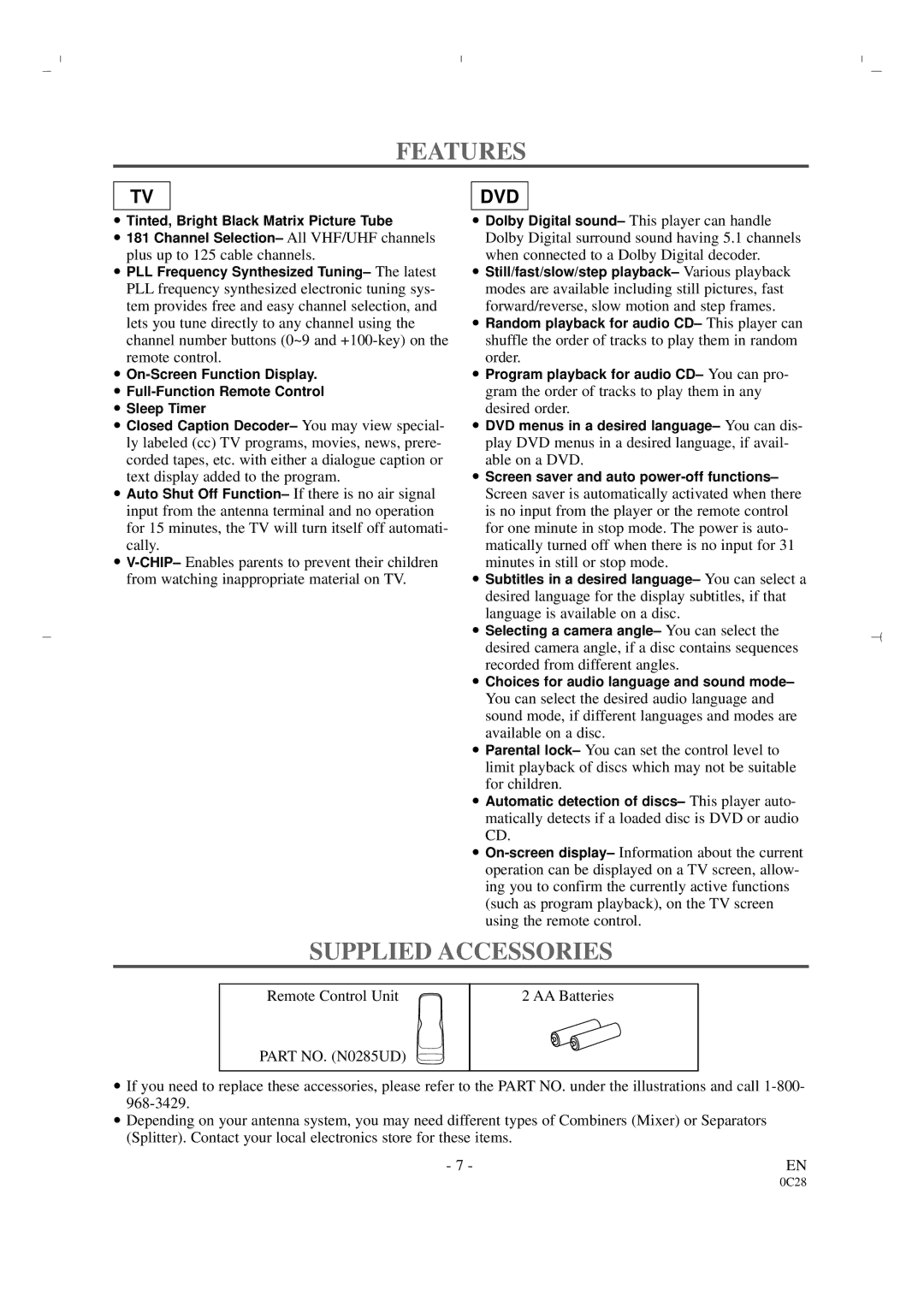 Sylvania 6519DA owner manual Features, Supplied Accessories 