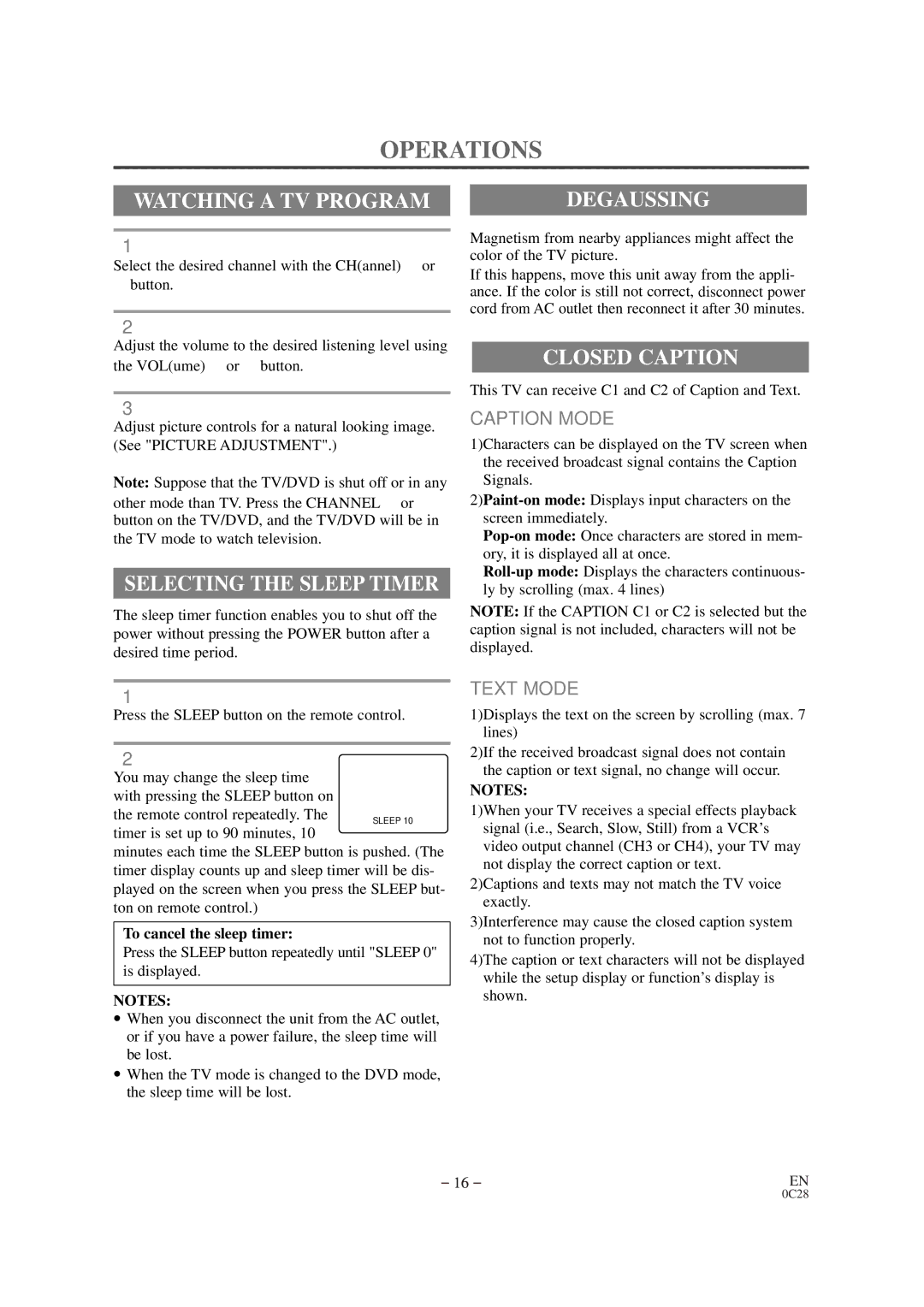 Sylvania 6519DB owner manual Operations, Watching a TV Program, Selecting the Sleep Timer, Degaussing, Closed Caption 