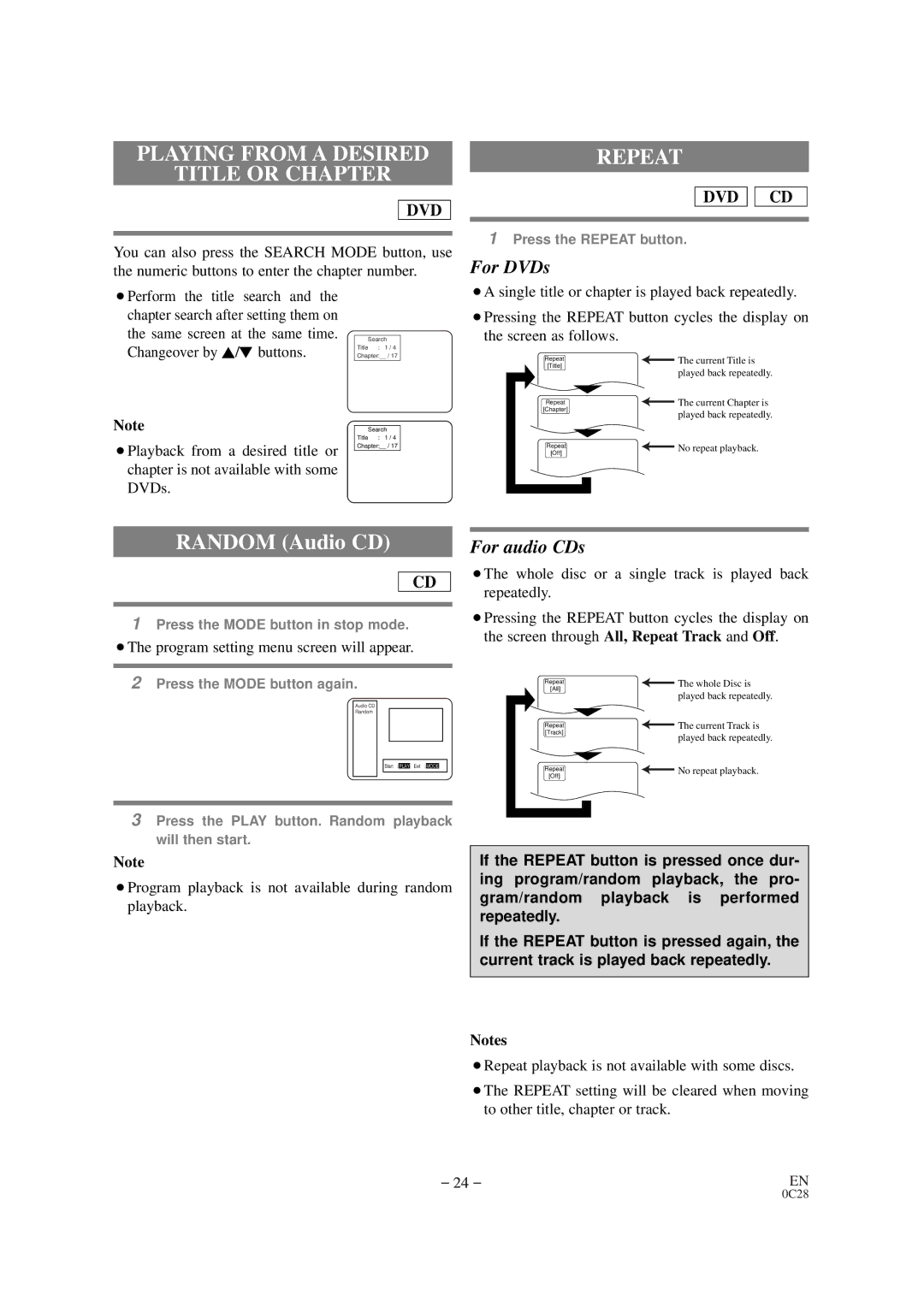 Sylvania 6519DB owner manual Playing from a Desired Title or Chapter, Repeat, ¡The program setting menu screen will appear 