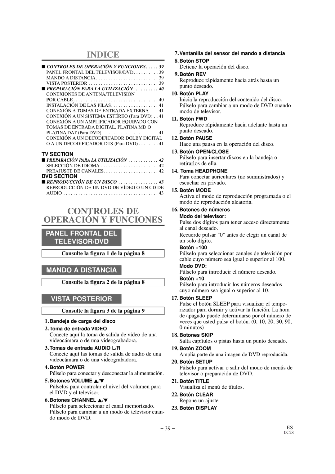 Sylvania 6519DB owner manual Indice, Controles DE Operación Y Funciones, Consulte la figura 1 de la página 