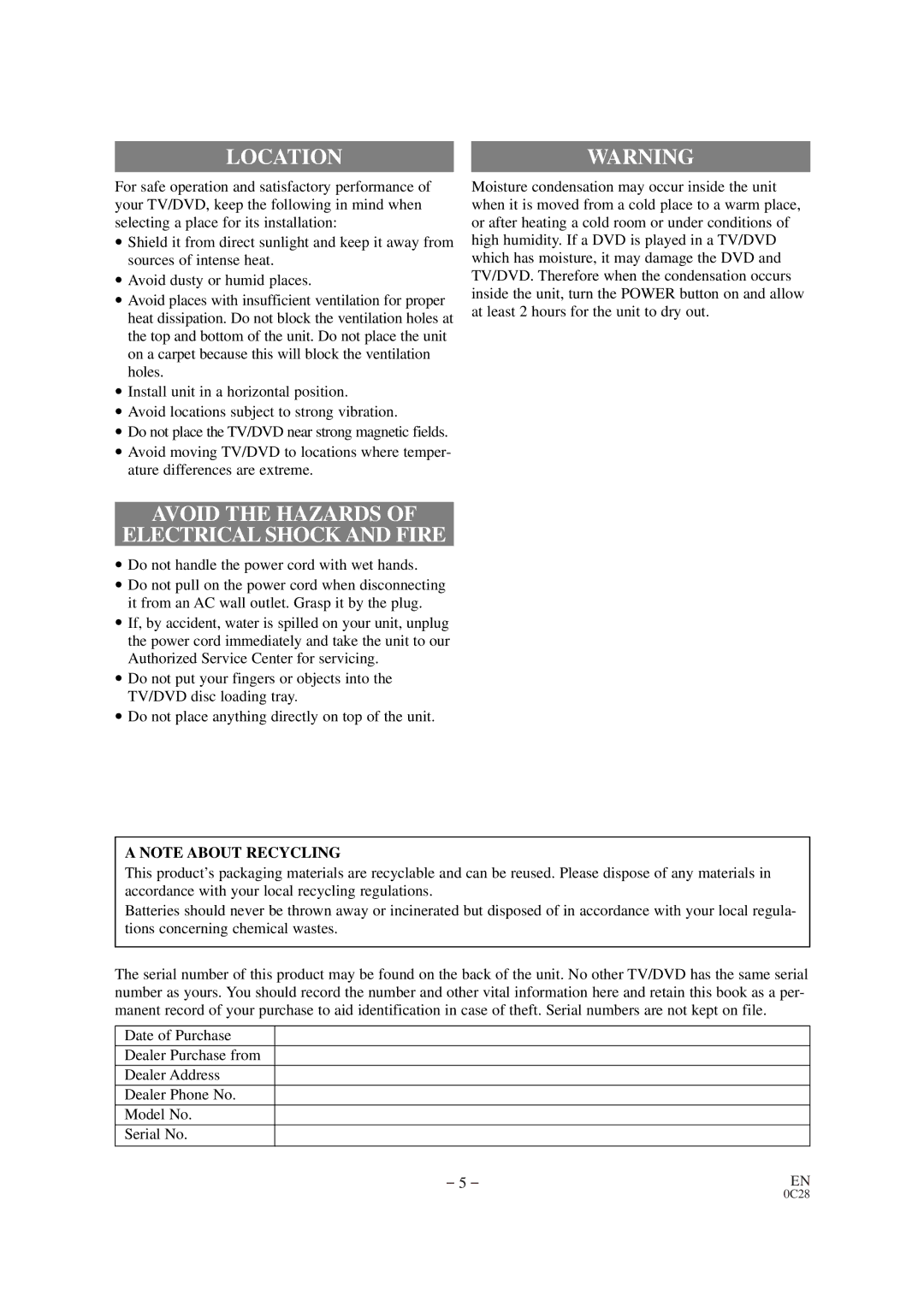 Sylvania 6519DB owner manual Location, Avoid the Hazards Electrical Shock and Fire 