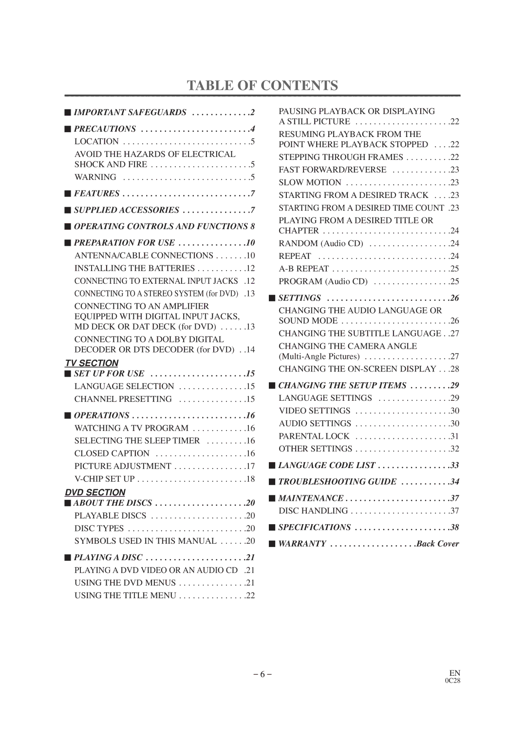 Sylvania 6519DB owner manual Table of Contents 